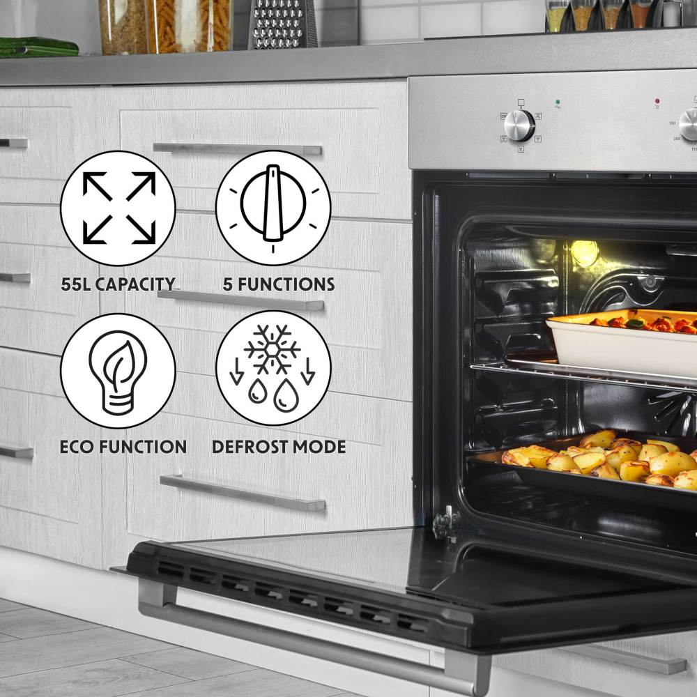 Baridi DH125 Built-in Fan Assisted Integrated Electric Oven 60cm, 55 Litre Capacity, 5 Functions, Stainless Steel