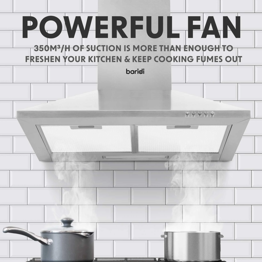 Baridi DH126 Chimney Style Electric Cooker Extractor Hood with Carbon Filters 60cm, LED Light, Stainless Steel
