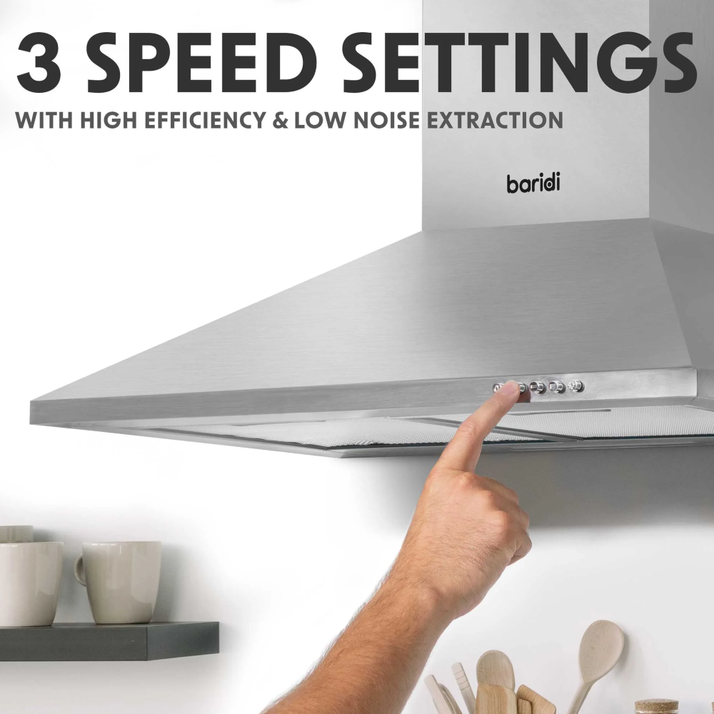 Baridi DH126 Chimney Style Electric Cooker Extractor Hood with Carbon Filters 60cm, LED Light, Stainless Steel