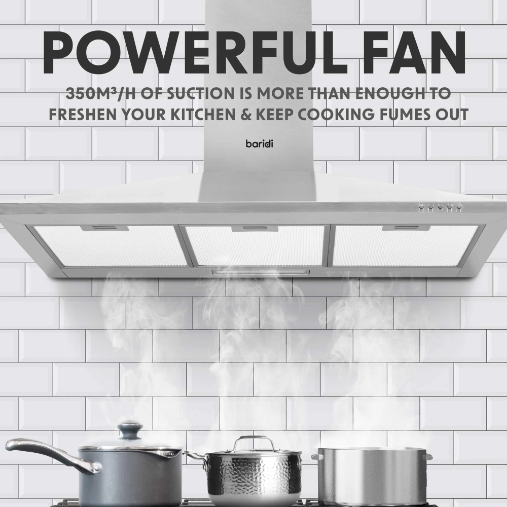 Baridi DH127 Chimney Style Electric Cooker Extractor Hood with Carbon Filters 90cm, LED Light, Stainless Steel