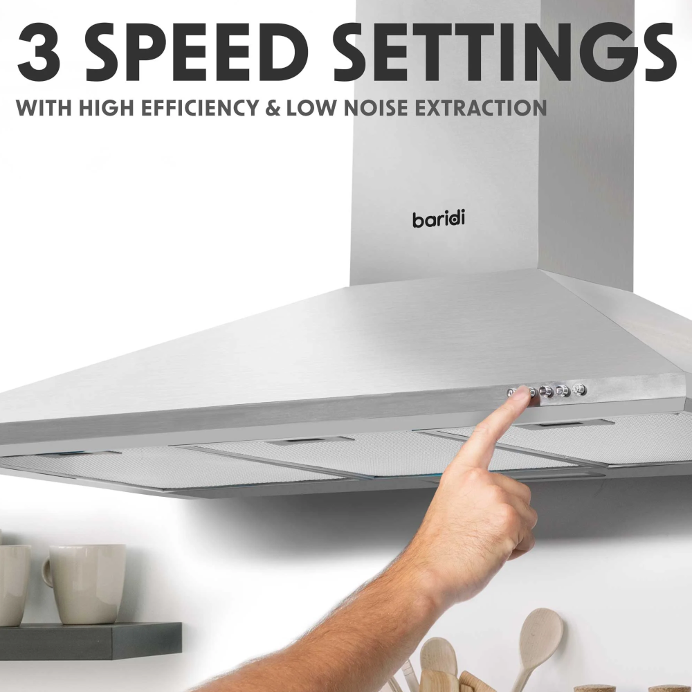 Baridi DH127 Chimney Style Electric Cooker Extractor Hood with Carbon Filters 90cm, LED Light, Stainless Steel