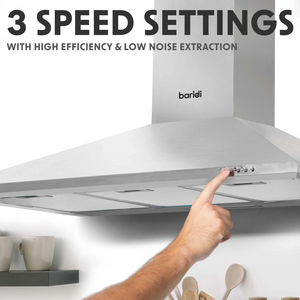 Baridi DH127 Chimney Style Electric Cooker Extractor Hood with Carbon Filters 90cm, LED Light, Stainless Steel