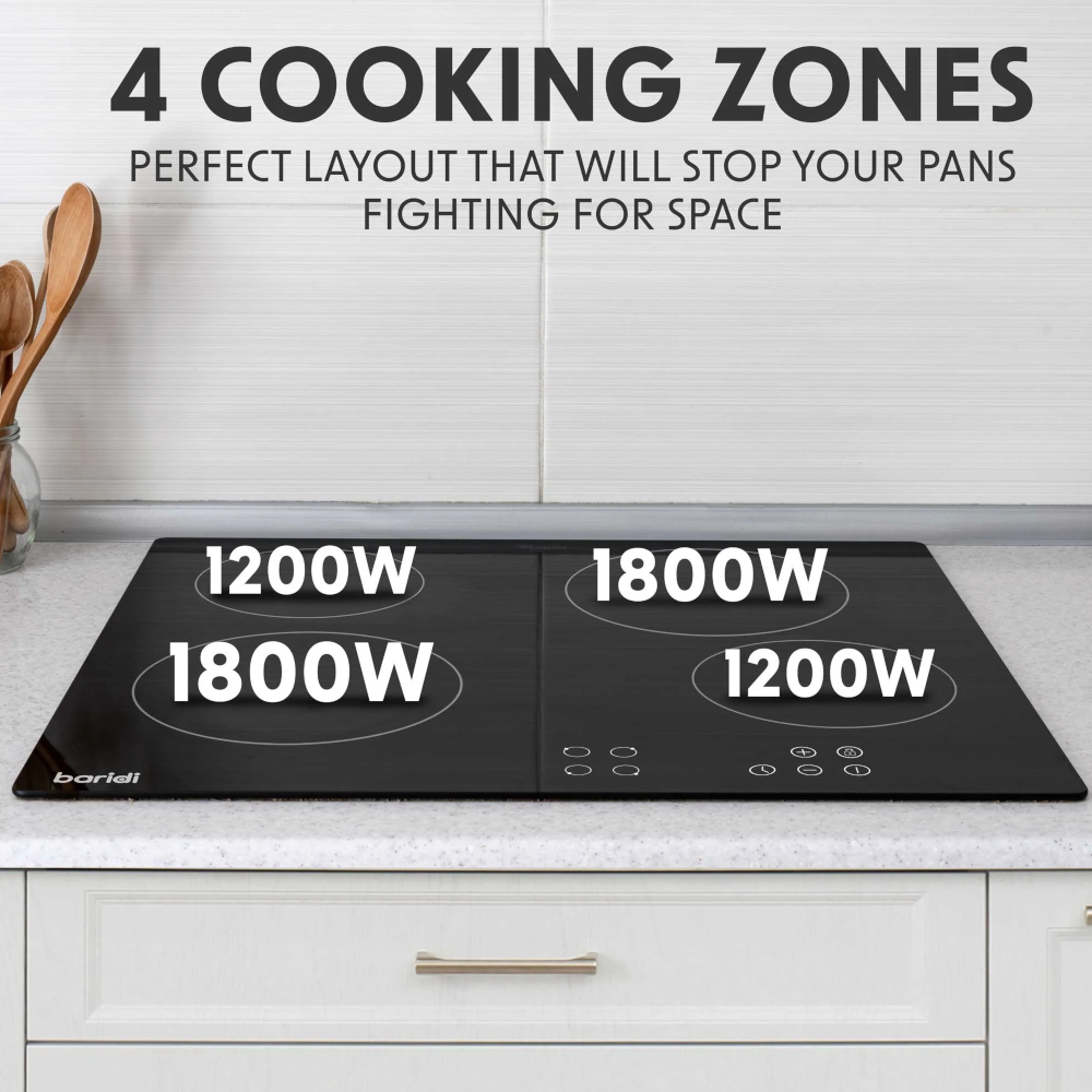 Baridi DH131 Built In Electric Integrated Ceramic Cooker Hob with 4 Cooking Zones 60cm, Black Glass