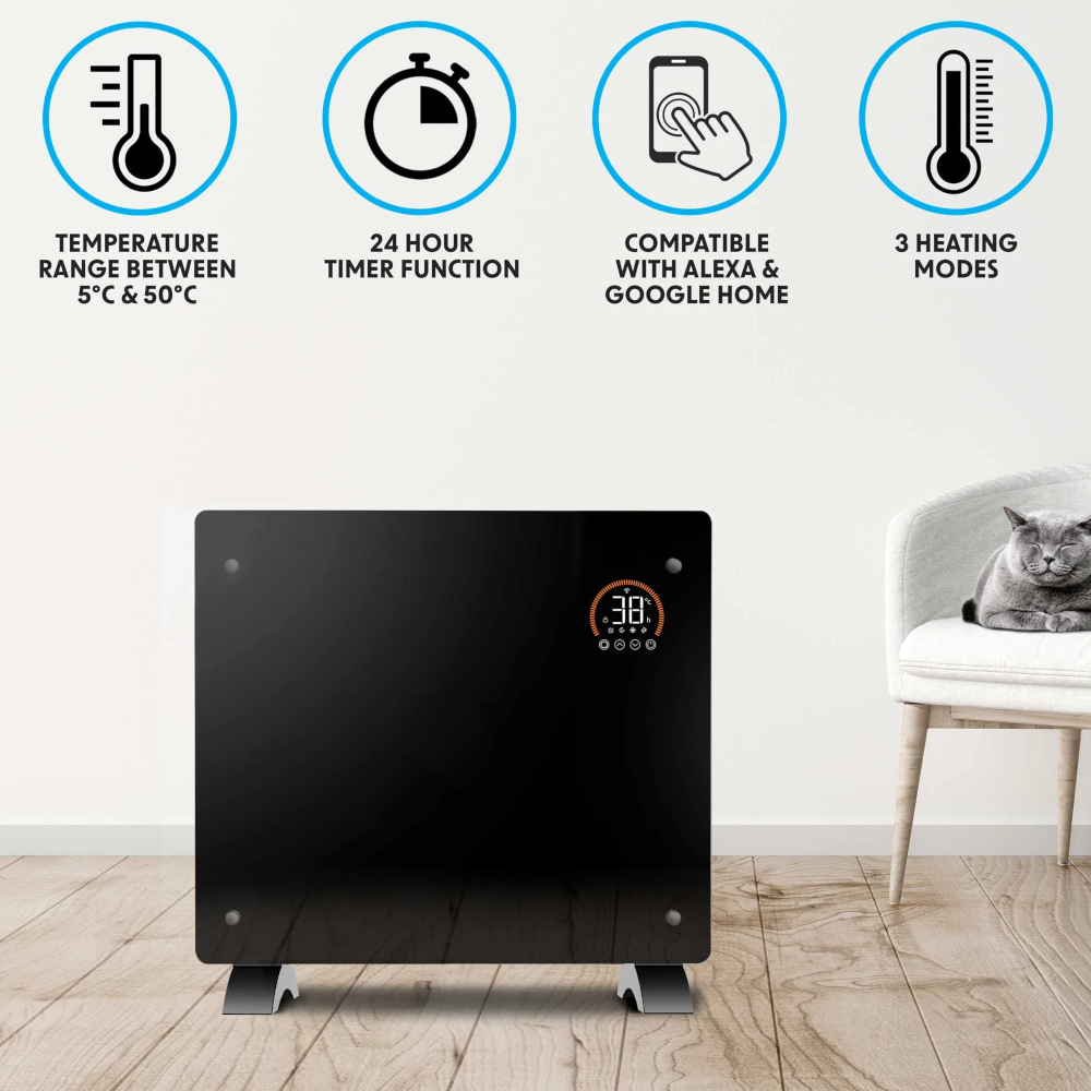 Baridi DH135 Electric Glass Panel Radiator Heater with 24/7 Timer, Wi-Fi Enabled, Remote Control, 1000W, 230V