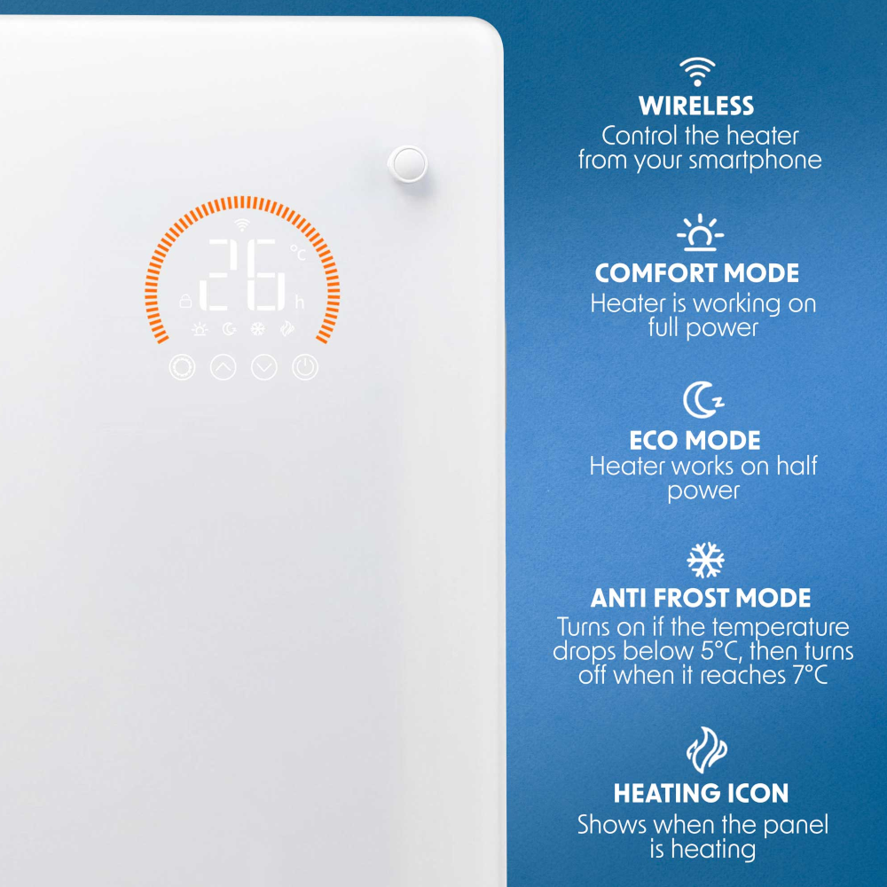 Baridi DH136 DH138 DH140 Electric Glass Panel Radiator Heater with 24/7 Timer, Wi-Fi Enabled, Remote Control, White