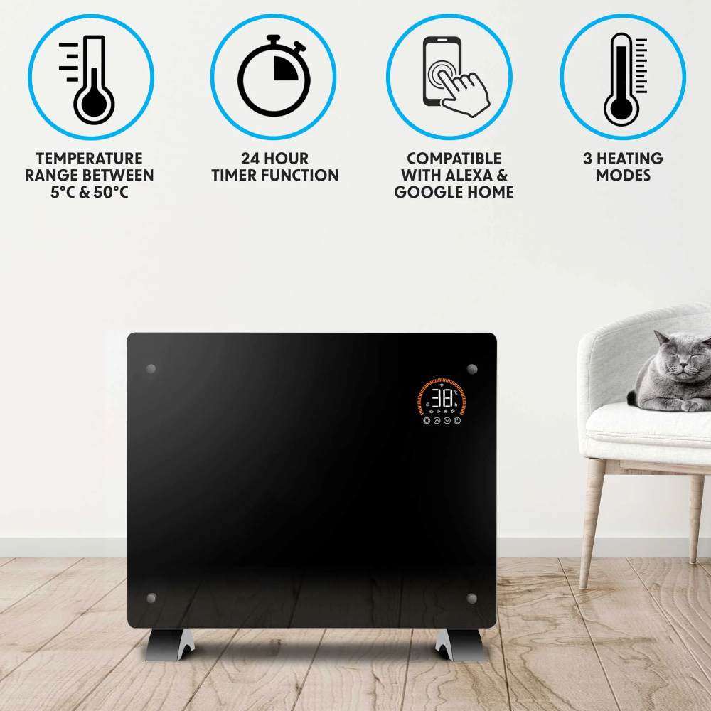 Baridi DH137 Electric Glass Panel Radiator Heater with 24/7 Timer, Wi-Fi Enabled, Remote Control, 1500W, Black