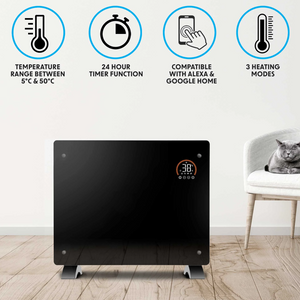 Baridi DH137 Electric Glass Panel Radiator Heater with 24/7 Timer, Wi-Fi Enabled, Remote Control, 1500W, Black
