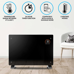 Baridi DH139 Electric Glass Panel Radiator Heater with 24/7 Timer, Wi-Fi Enabled, Remote Control, 2000W, Black