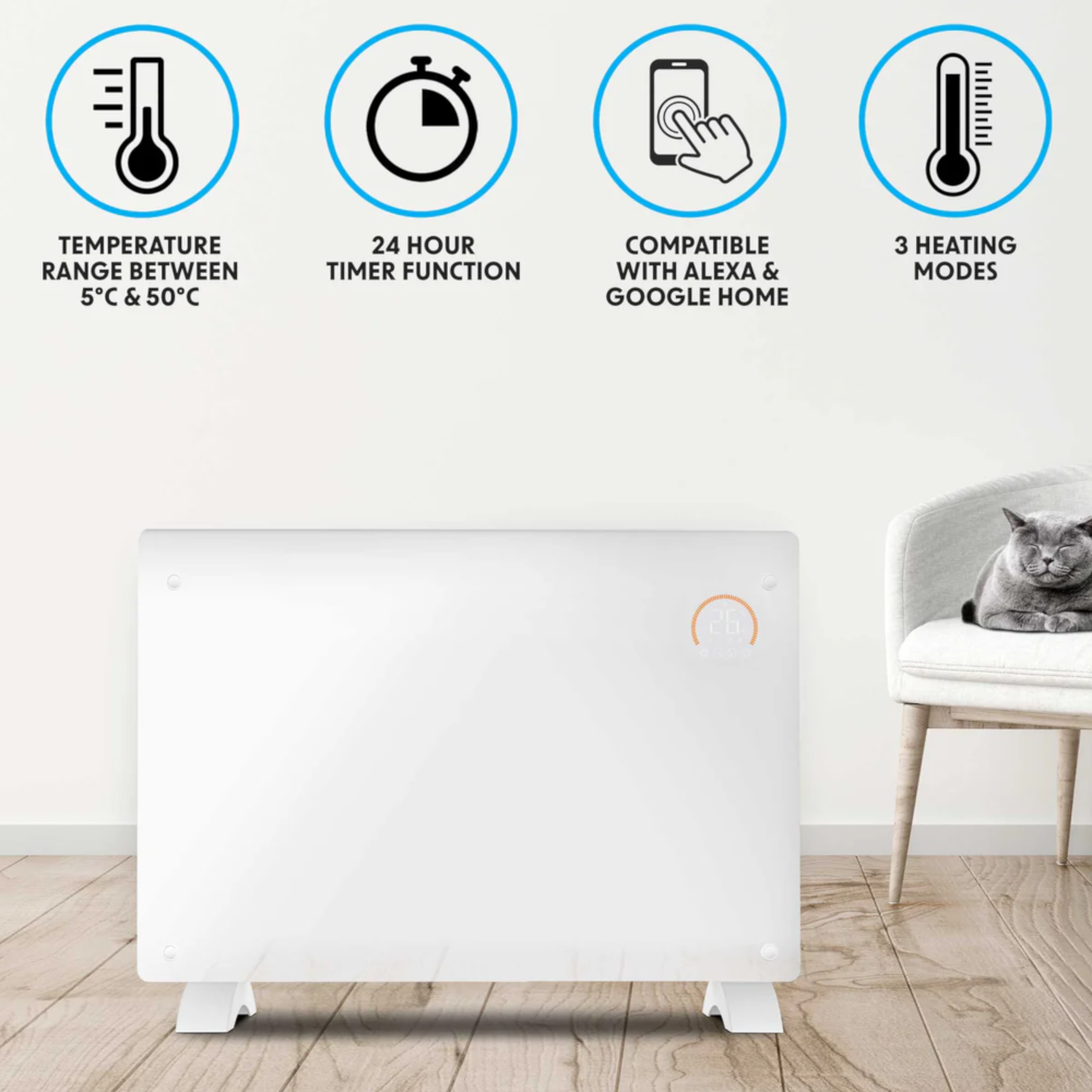Baridi DH140 Electric Glass Panel Radiator Heater with 24/7 Timer, Wi-Fi Enabled, Remote Control, 2000W, White