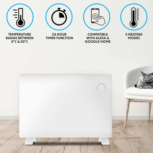 Baridi DH140 Electric Glass Panel Radiator Heater with 24/7 Timer, Wi-Fi Enabled, Remote Control, 2000W, White