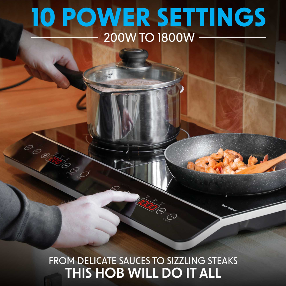 Baridi DH146 Portable Induction Cooker Hob with 2 Cooking Zones 60cm, 10 Power Settings, Timer Function, Black