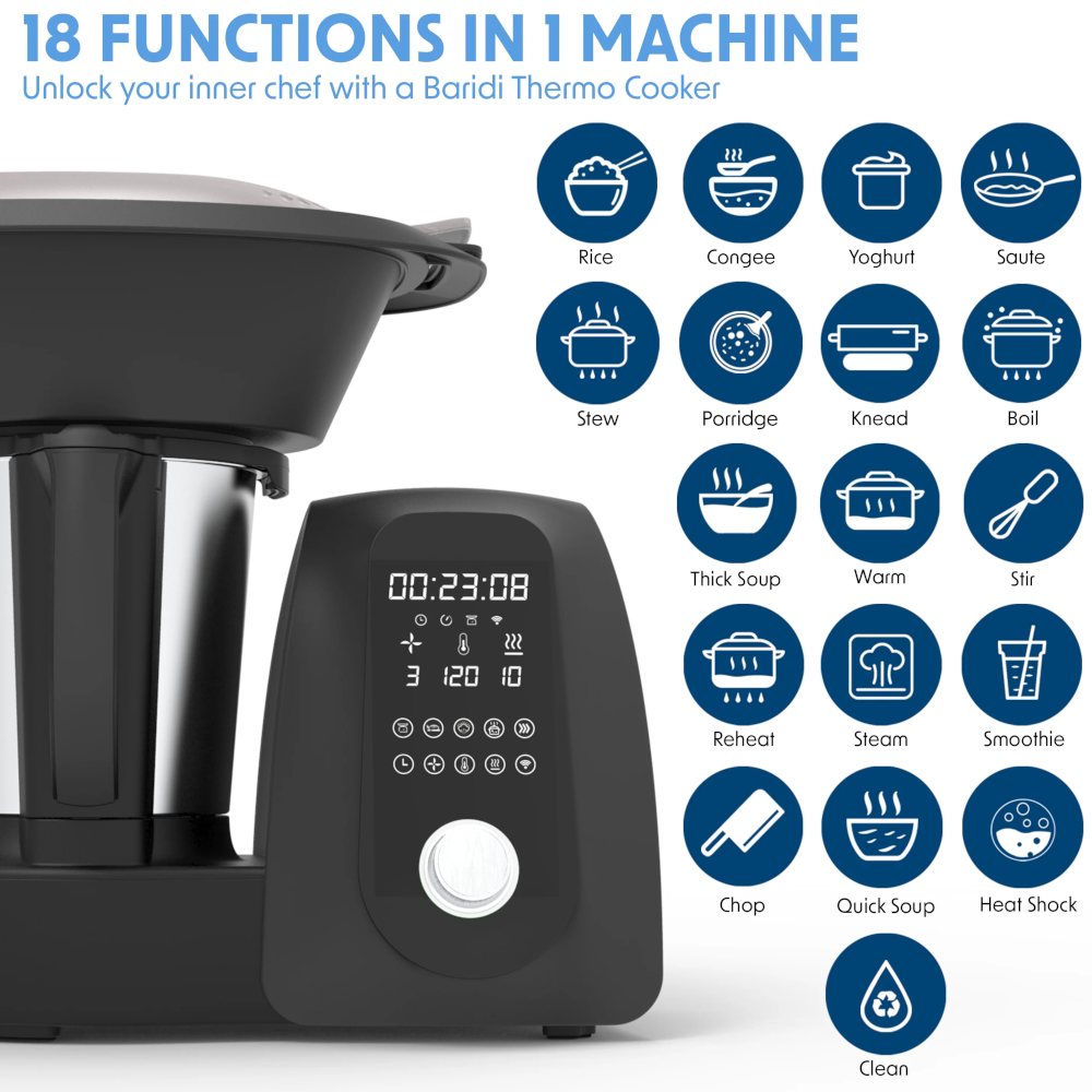Baridi DH163 All in One Smart Thermal Cooker with 18 Preset Functions, App Guided Recipes, 2 Litre Capacity, Black