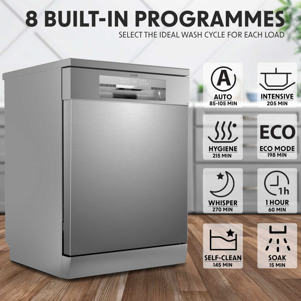 Baridi DH167 Freestanding Dishwasher 60cm, 14 Place Settings, 8 Programmes, Silver