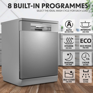 Baridi DH167 Freestanding Dishwasher 60cm, 14 Place Settings, 8 Programmes, Silver