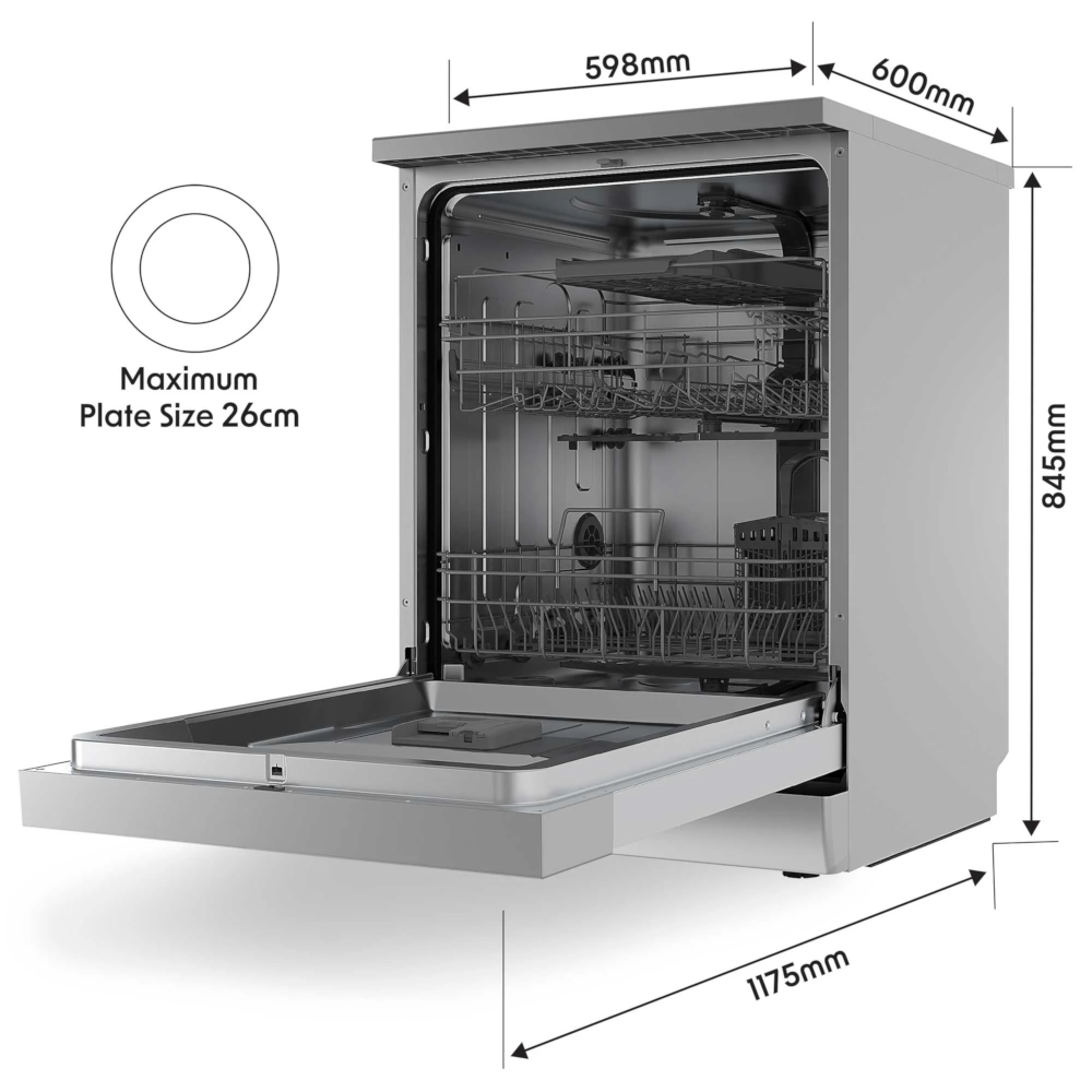 Baridi DH167 Freestanding Dishwasher 60cm, 14 Place Settings, 8 Programmes, Silver