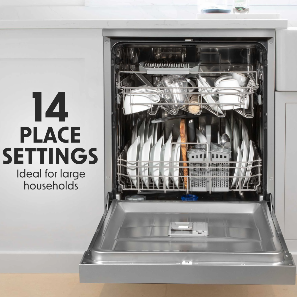Baridi DH167 Freestanding Dishwasher 60cm, 14 Place Settings, 8 Programmes, Silver