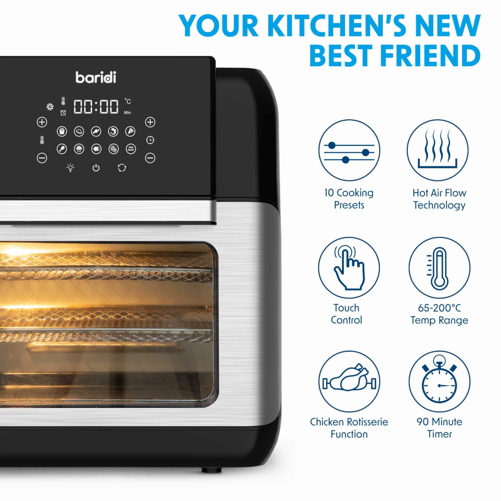 Baridi DH170 Air Fryer and Rotisserie Combi with Touch Controls, 12 Litre Capacity, 10 Preset Functions, Black Silver