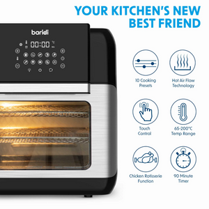 Baridi DH170 Air Fryer and Rotisserie Combi with Touch Controls, 12 Litre Capacity, 10 Preset Functions, Black Silver