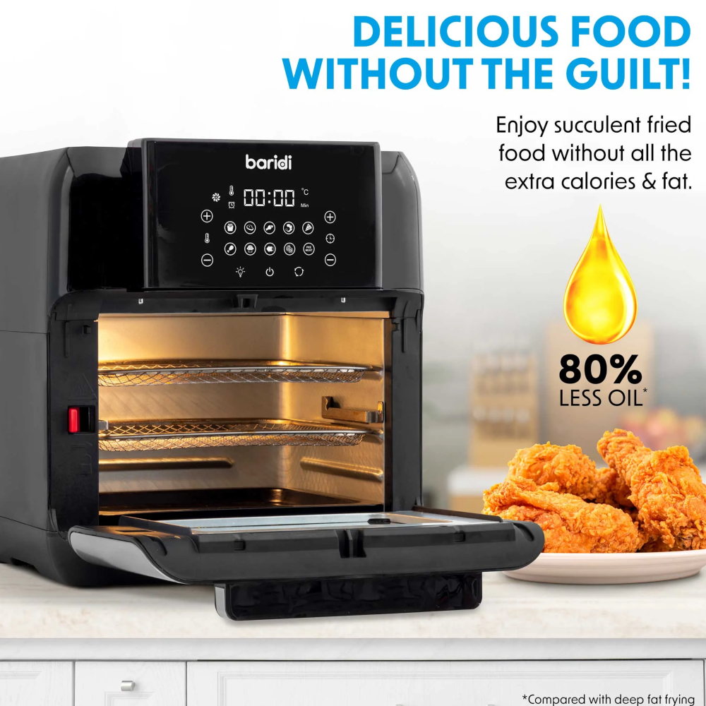 Baridi DH170 Air Fryer and Rotisserie Combi with Touch Controls, 12 Litre Capacity, 10 Preset Functions, Black Silver