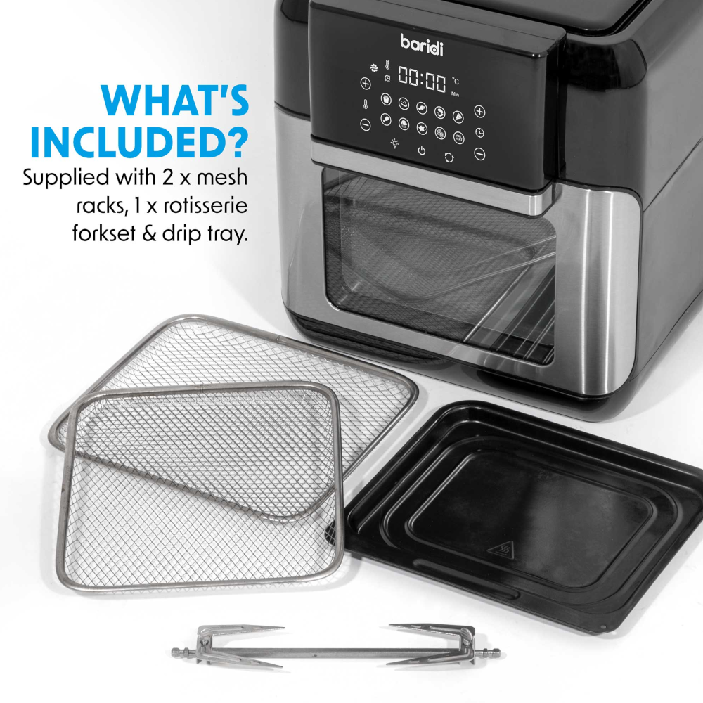 Baridi DH170 Air Fryer and Rotisserie Combi with Touch Controls, 12 Litre Capacity, 10 Preset Functions, Black Silver