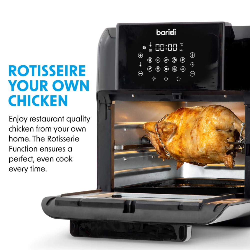 Baridi DH170 Air Fryer and Rotisserie Combi with Touch Controls, 12 Litre Capacity, 10 Preset Functions, Black Silver