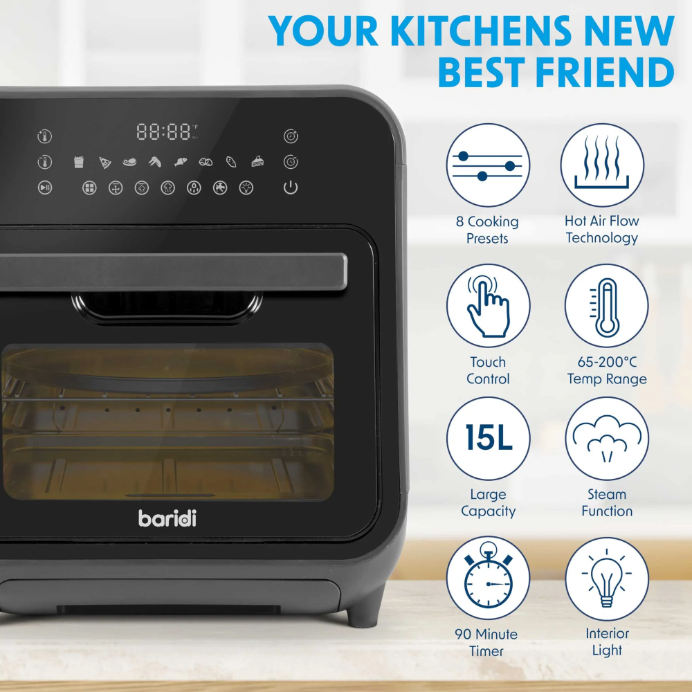 Baridi DH171 Steam Air Fryer Oven Cooker Combi with Touch Controls, 15 Litre Capacity, 8 Preset Functions, Black