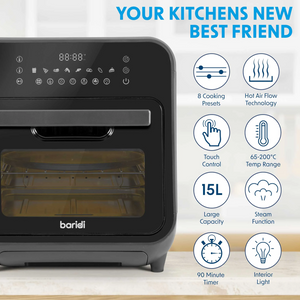Baridi DH171 Steam Air Fryer Oven Cooker Combi with Touch Controls, 15 Litre Capacity, 8 Preset Functions, Black