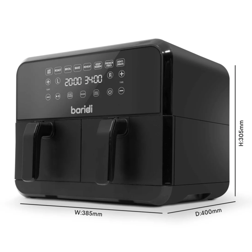 Baridi DH172 Dual Zone Air Fryer with Digital Controls, 8 Litre Capacity, 8 Preset Functions, Black