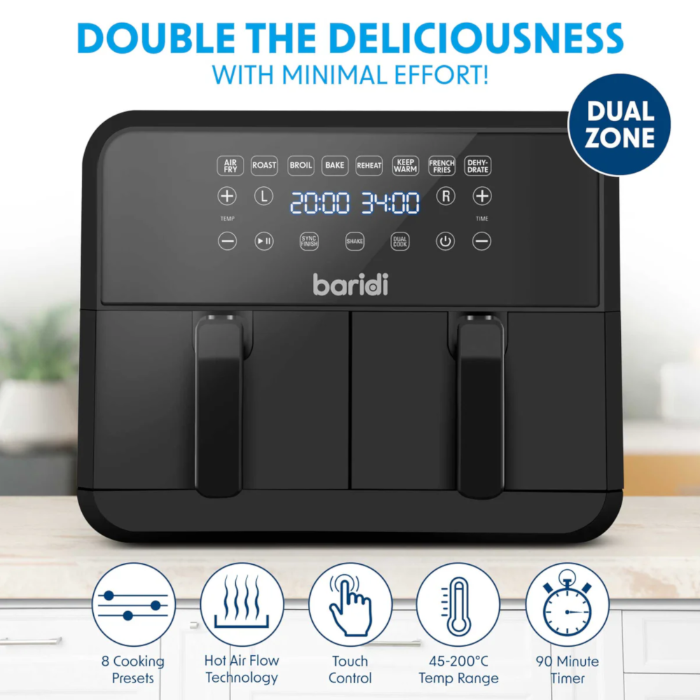 Baridi DH172 Dual Zone Air Fryer with Digital Controls, 8 Litre Capacity, 8 Preset Functions, Black