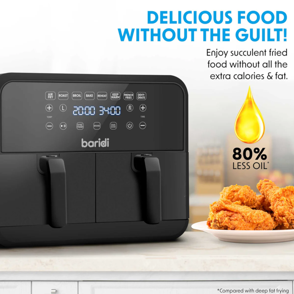 Baridi DH172 Dual Zone Air Fryer with Digital Controls, 8 Litre Capacity, 8 Preset Functions, Black