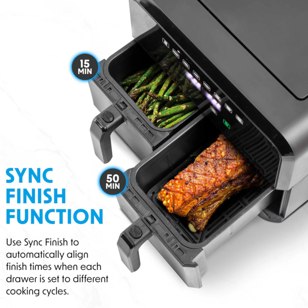 Baridi DH172 Dual Zone Air Fryer with Digital Controls, 8 Litre Capacity, 8 Preset Functions, Black