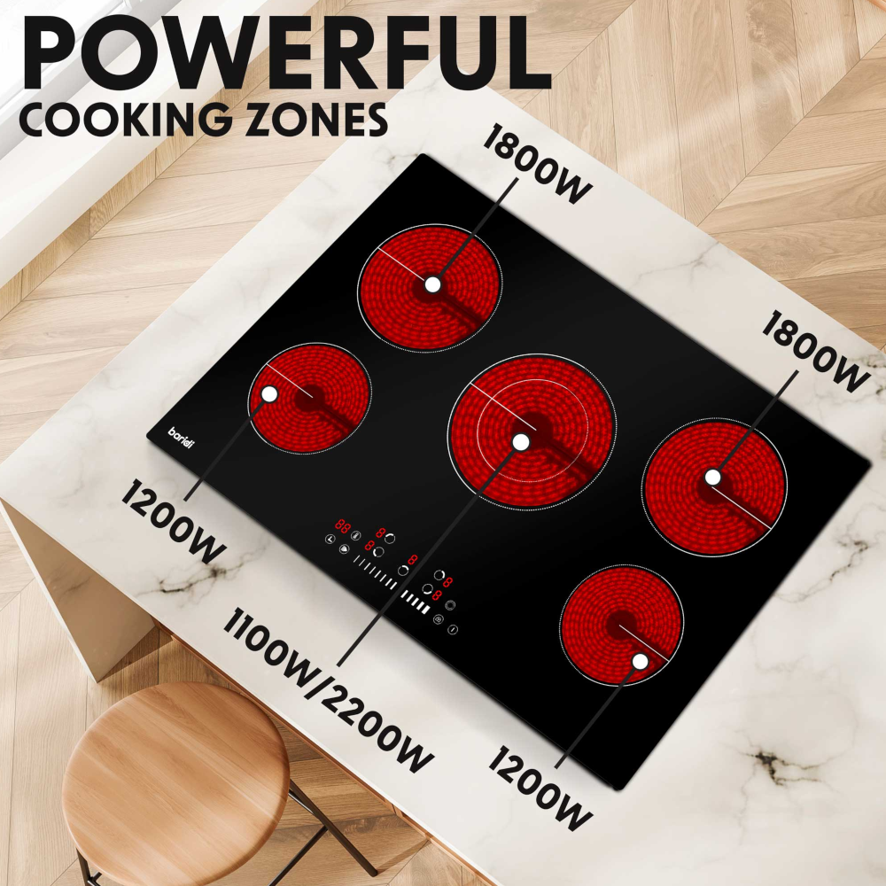 Baridi DH175 Ceramic Electric Cooker Hob with 5 Cooking Zones 77cm Black Glass