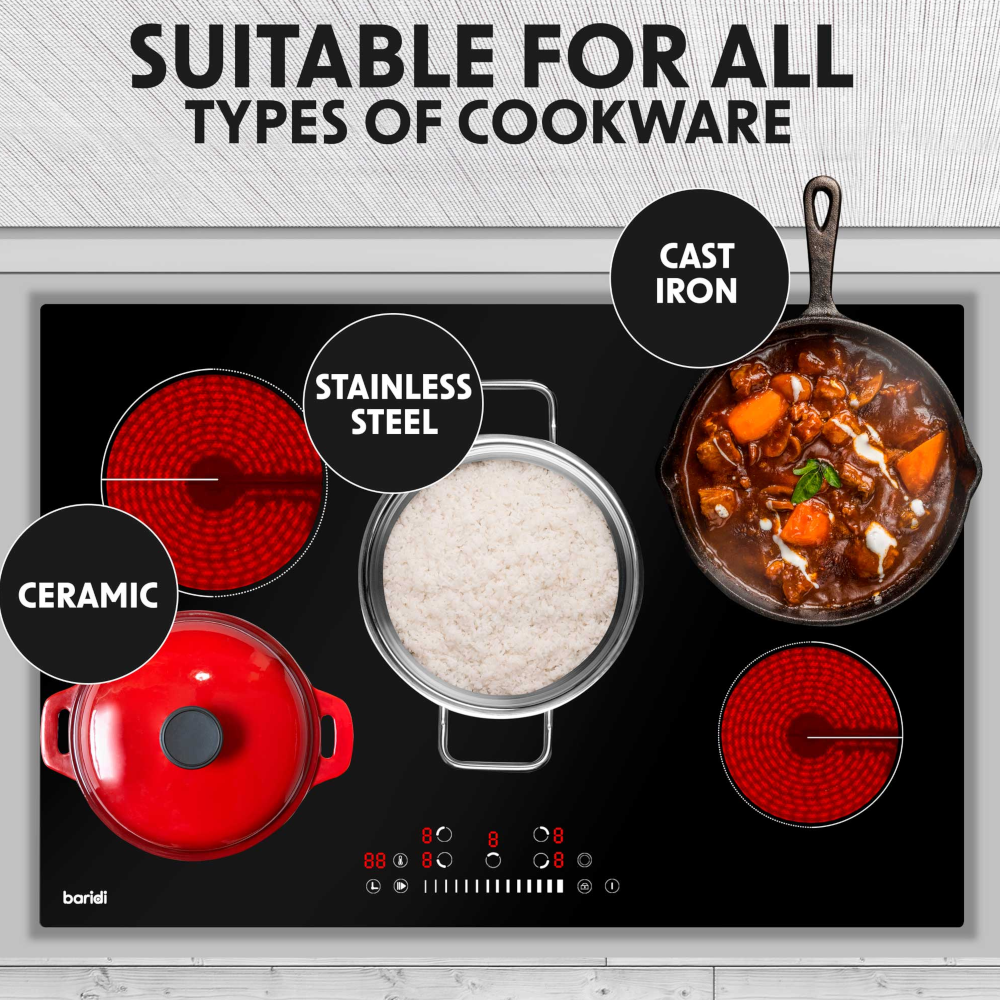 Baridi DH175 Ceramic Electric Cooker Hob with 5 Cooking Zones 77cm Black Glass