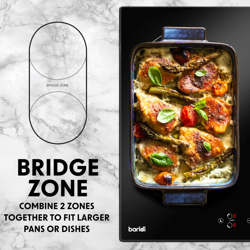 Baridi DH178 Built-in Electric Integrated Bridge Zone Induction Cooker Hob with 4 Cooking Zones 60cm, Touch Control, Timer, 2800W, Black Glass