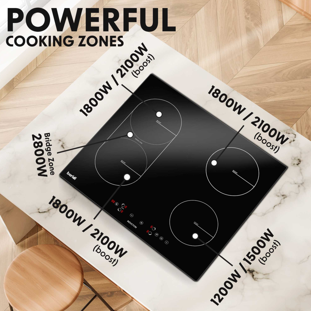 Baridi DH178 Built-in Electric Integrated Bridge Zone Induction Cooker Hob with 4 Cooking Zones 60cm, Touch Control, Timer, 2800W, Black Glass