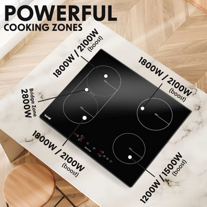 Baridi DH178 Built-in Electric Integrated Bridge Zone Induction Cooker Hob with 4 Cooking Zones 60cm, Touch Control, Timer, 2800W, Black Glass