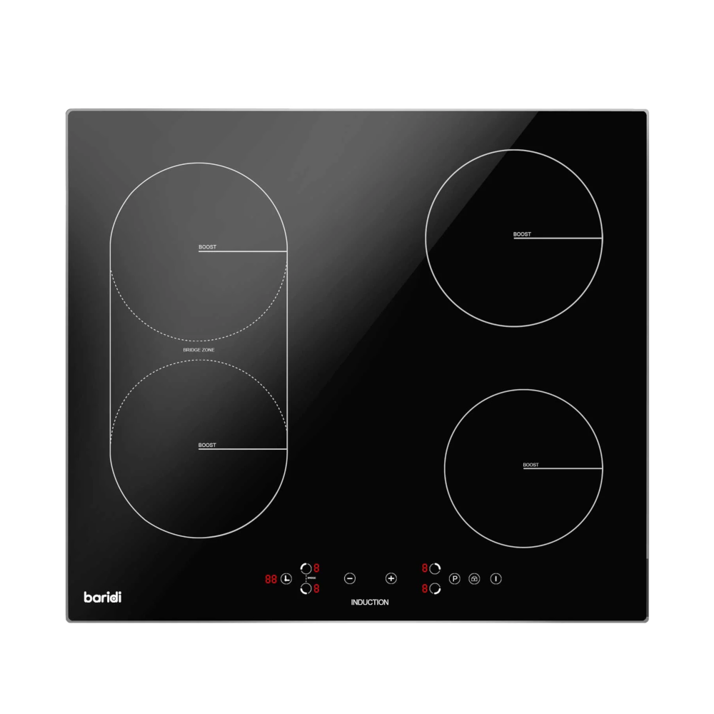 Baridi DH178 Built-in Electric Integrated Bridge Zone Induction Cooker Hob with 4 Cooking Zones 60cm, Touch Control, Timer, 2800W, Black Glass