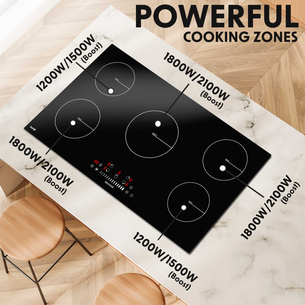 Baridi DH180 Built-in Electric Integrated Induction Cooker Hob with 5 Cooking Zones 90cm, Touch Control, Timer, 9300W, Black Glass