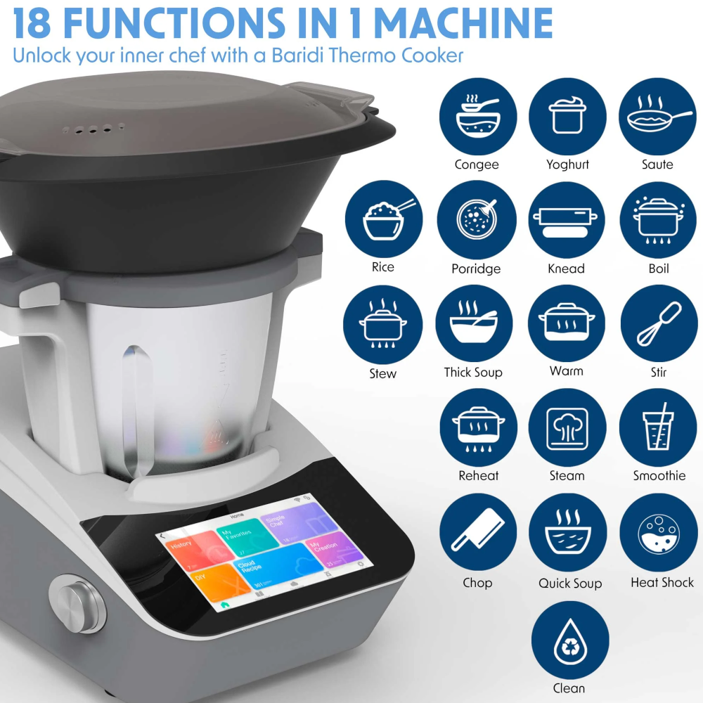 Baridi DH189 Smart Thermal Cooker with 18 Preset Functions, 7" Touch Screen, App Guided Recipes, 3 Litre Capacity, White