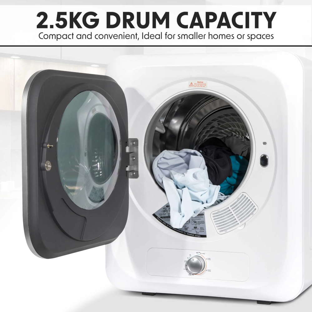 Baridi DH192 Portable Table Counter Top Mini Tumble Dryer, 2.5kg Drum Capacity, 5 Functions, Mechanical Controls, White