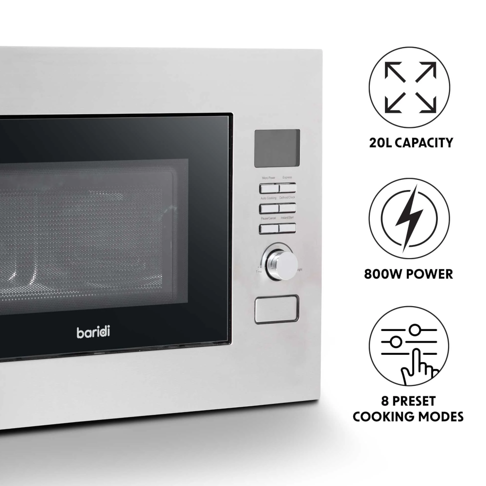 Baridi DH196 Built-in Integrated Electric Microwave Cooking Oven, 20 Litre Capacity, 800W, Stainless Steel