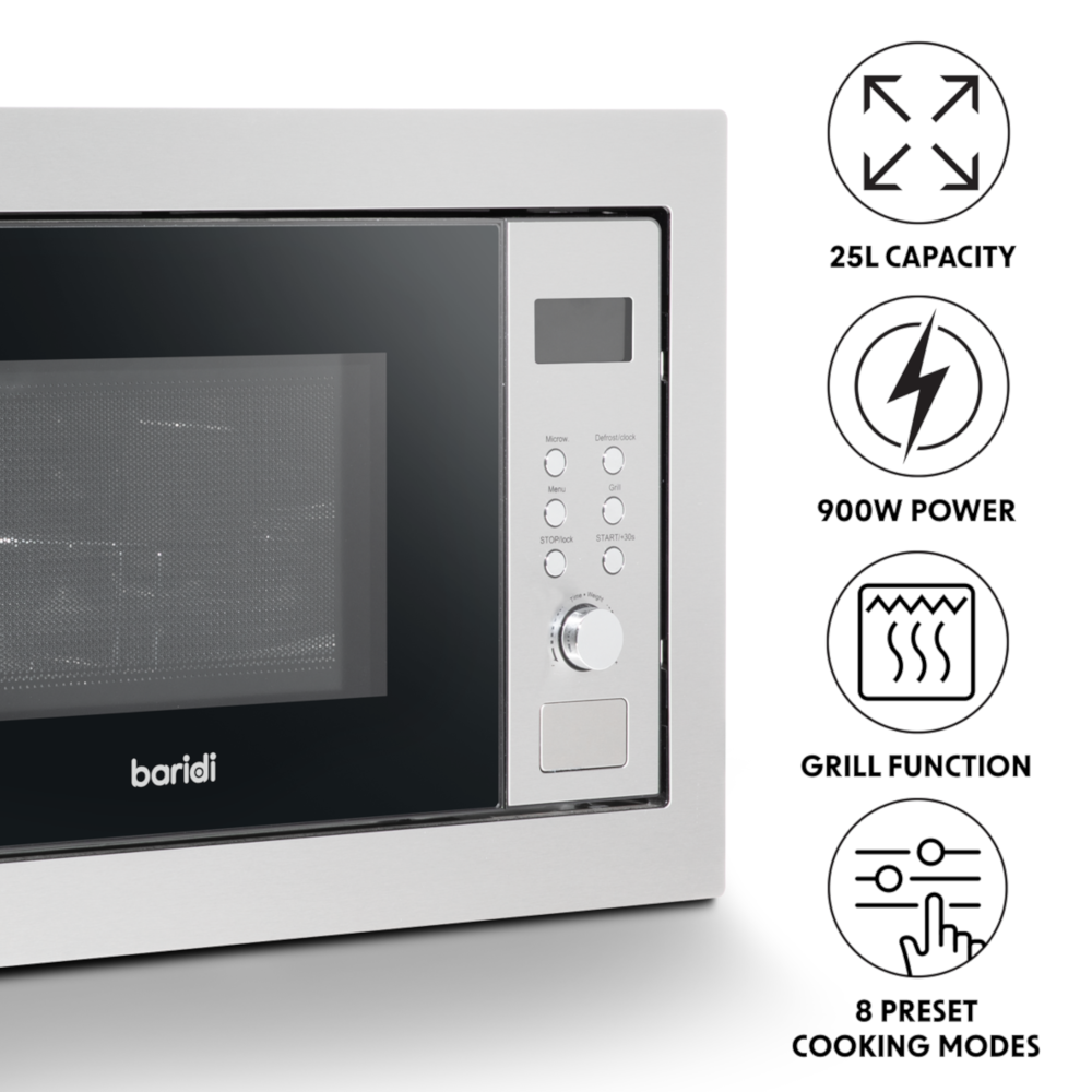 Baridi DH197 Built-in Integrated Electric Microwave Cooking Oven with Grill, 25 Litre Capacity, 900W, Stainless Steel