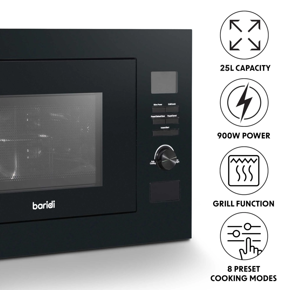 Baridi DH198 Built-in Integrated Electric Microwave Cooking Oven with Grill, 25 Litre Capacity, 900W, Black