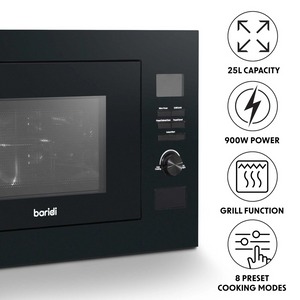 Baridi DH198 Built-in Integrated Electric Microwave Cooking Oven with Grill, 25 Litre Capacity, 900W, Black