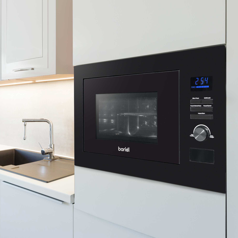Baridi DH198 Built-in Integrated Electric Microwave Cooking Oven with Grill, 25 Litre Capacity, 900W, Black