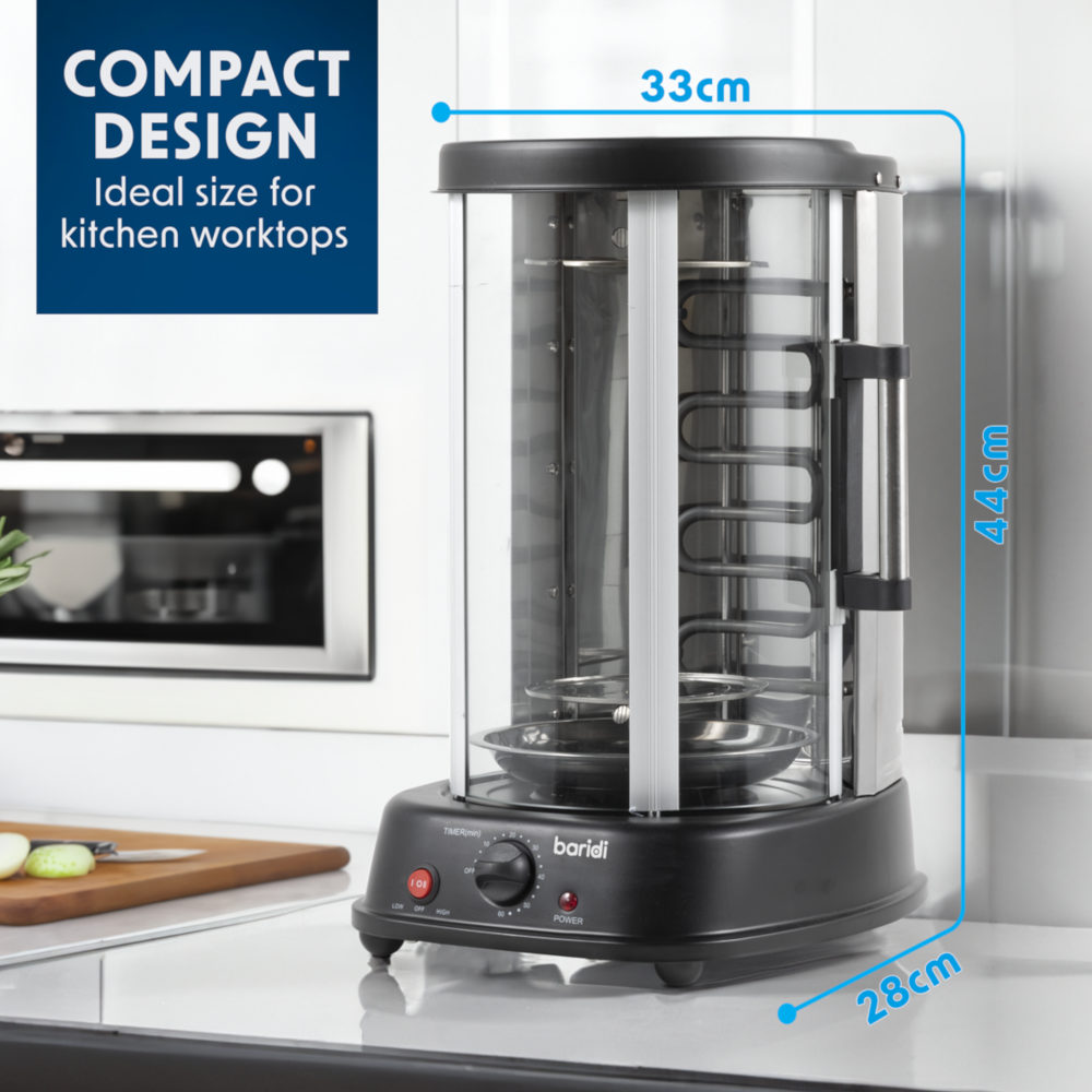 Baridi DH216 Vertical 360° Rotating Rotisserie Smokeless Grill Cooker, 21 Litre Capacity, 1500W, Black