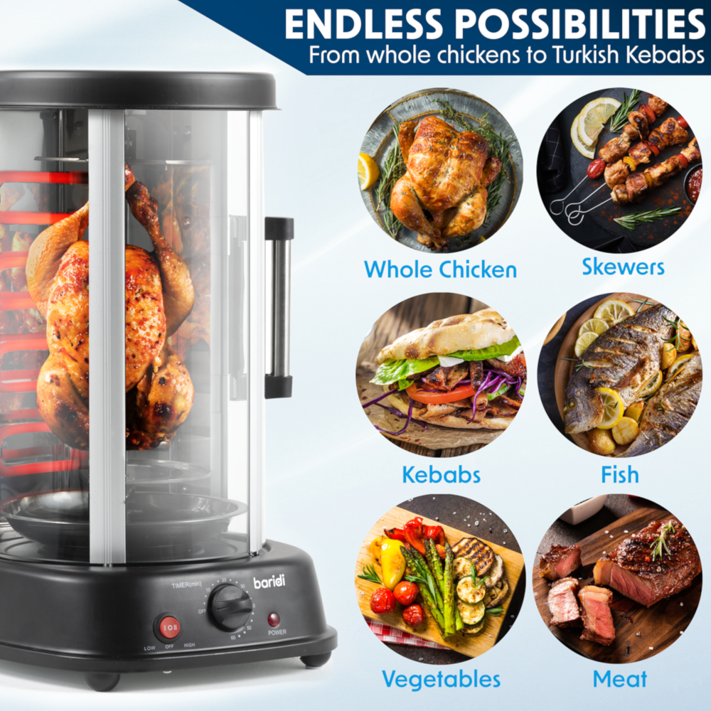 Baridi DH216 Vertical 360° Rotating Rotisserie Smokeless Grill Cooker, 21 Litre Capacity, 1500W, Black