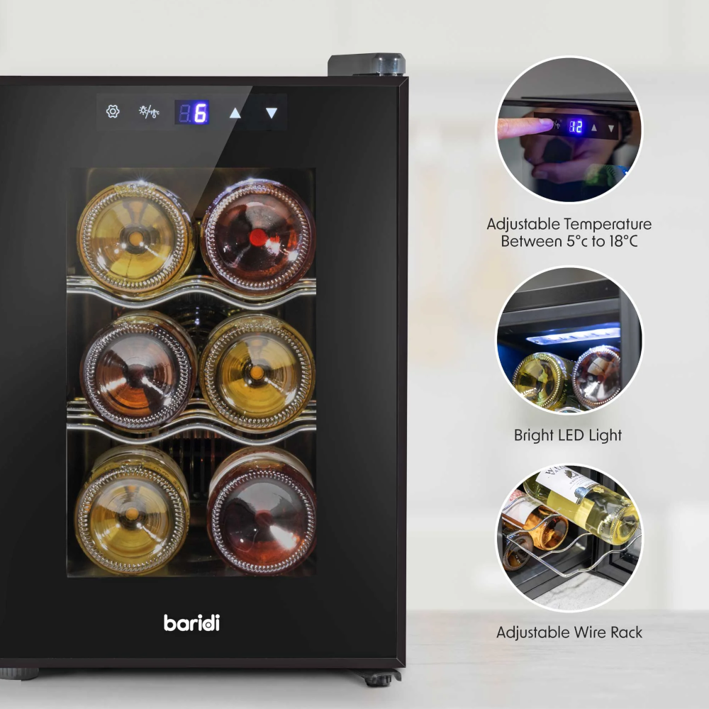 Baridi DH217 Table Top Freestanding Wine Cooler Fridge with Digital Touchscreen Controls, LED Light, 6 Bottle Capacity, Black