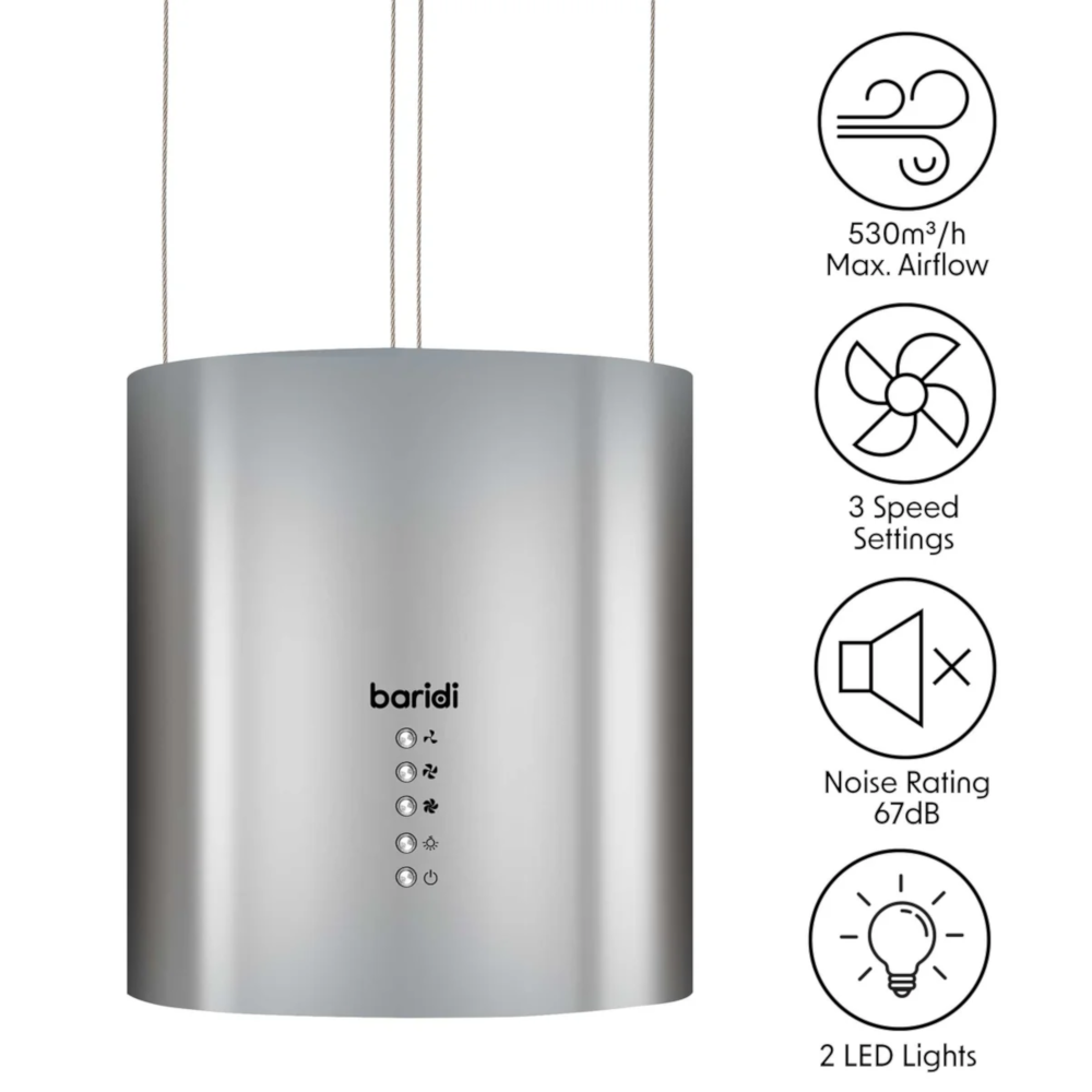 Baridi DH220 Pendant Style Island Electric Cooker Extractor Hood with Carbon Filters 35cm, LED Light, Stainless Steel