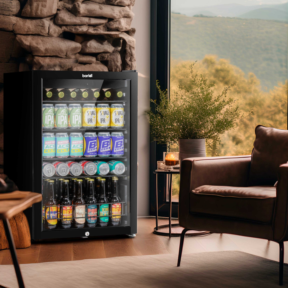 Baridi DH223 Under Counter Drinks, Beer and Wine Cooler Fridge with LED Light, 115 Litre Capacity, Black